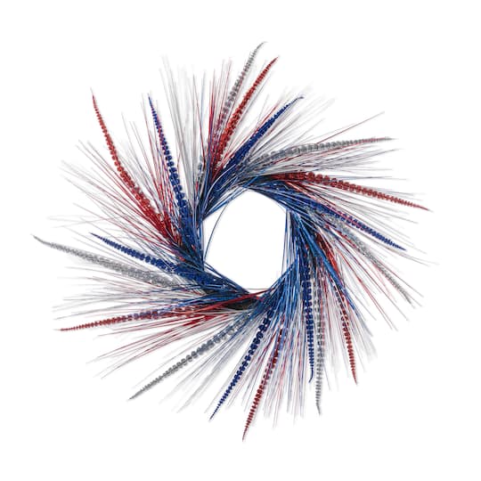 Glitzhome® 24" Patriotic Americana Tinsel and Heather Wreath